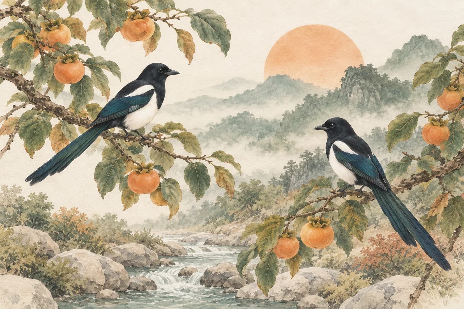 서로의 자리를 지키며 마주 보는 두 마리 까치